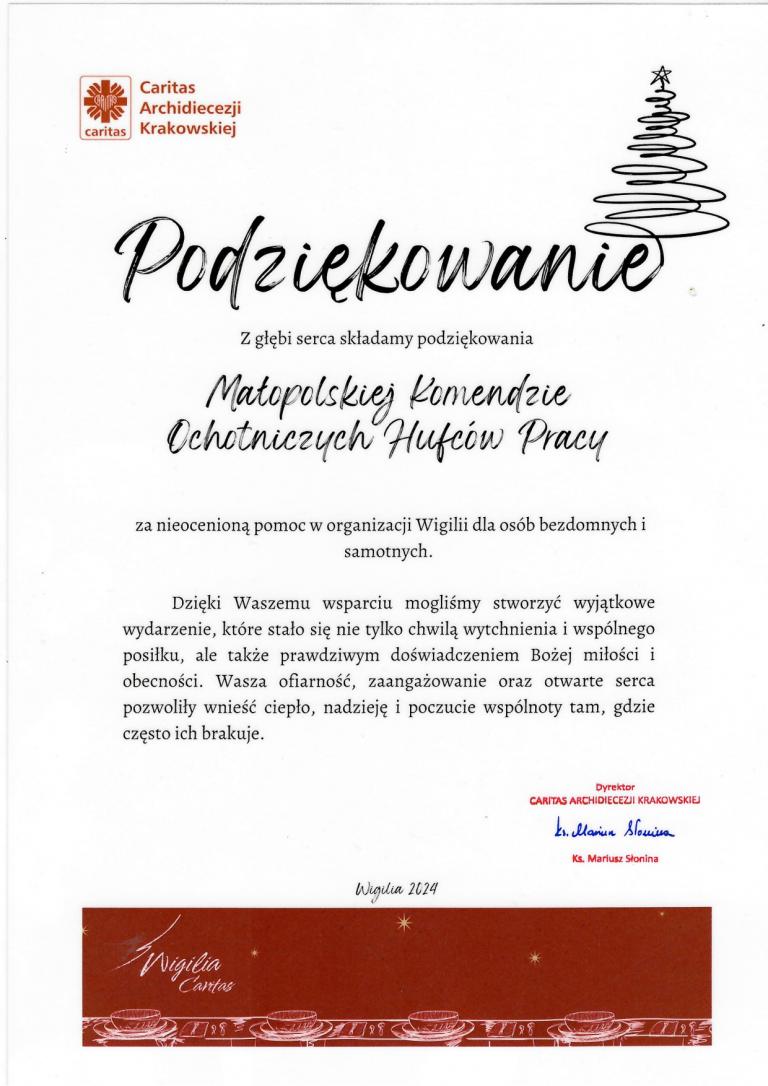 Posdziękowania Małopolskiej Komendzie OHP za pomoc w organizacji Wigilii dla osób bezdomnych i samotnych
