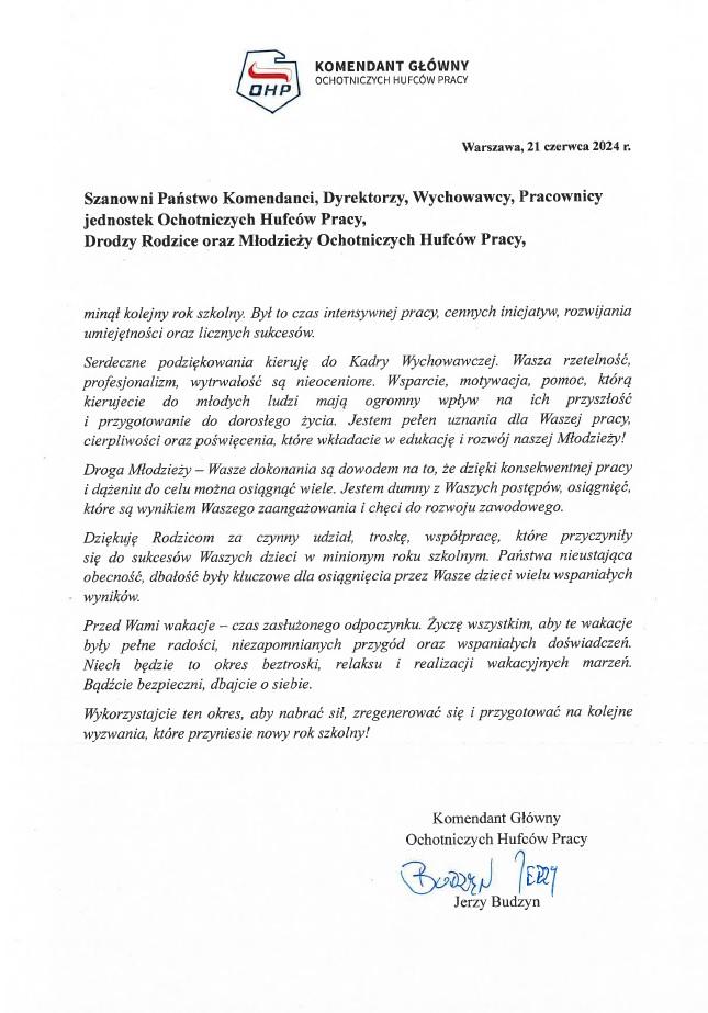 List Komendanta Głównego OHP na zakończenie roku szkolnego 2023/2024