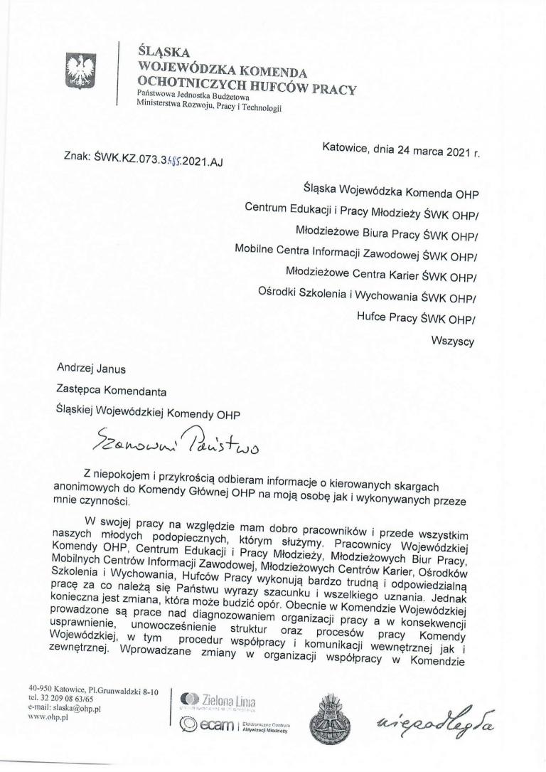 List do Pracowników Śląskiej WK OHP