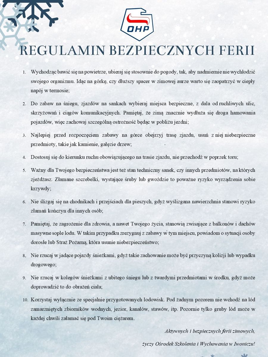 REGULAMIN BEZBIECZNYCH FERII